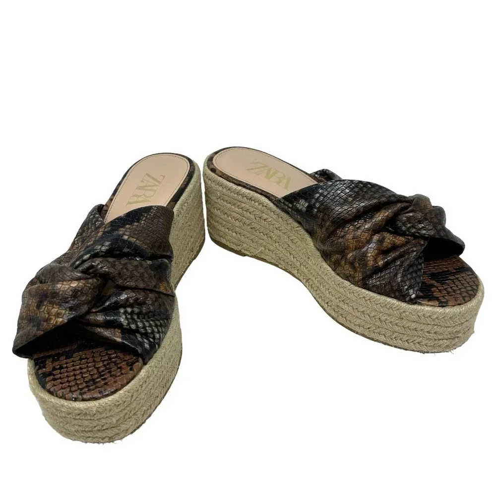 Zara Brown Snakeskin Jute Espadrille Platform Slide Sandals Size 39 /‎ US 8.5